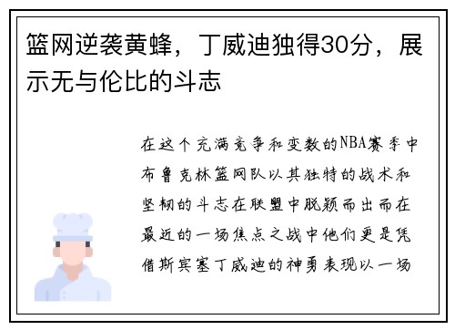 篮网逆袭黄蜂，丁威迪独得30分，展示无与伦比的斗志